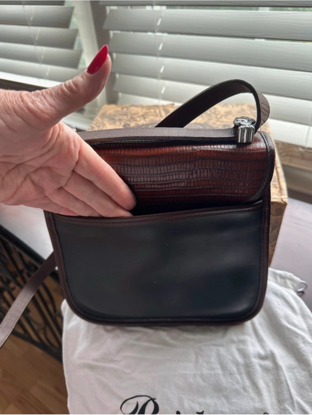Brighton Dark Brown Croc-Embossed Crossbody with Silver Medallion dust & box - Picture 3 of 6